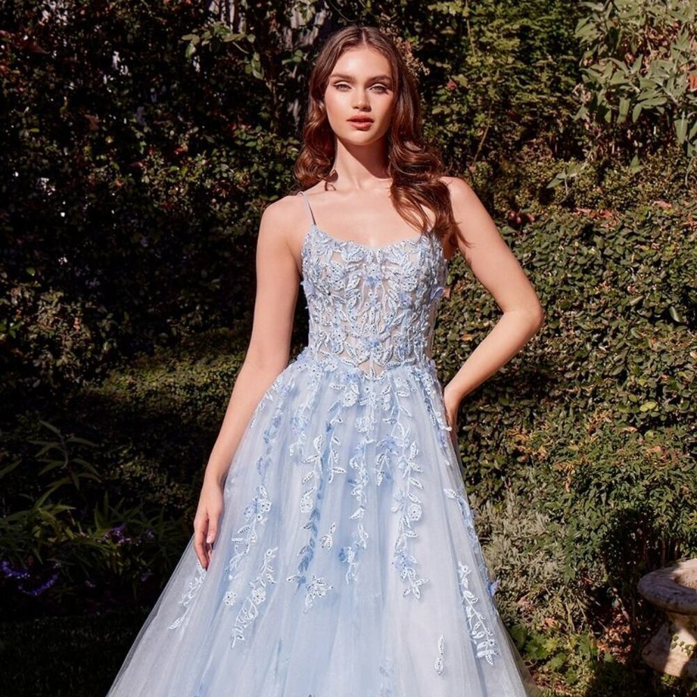 New A-Line Floral Tulle Gown w/ Rhinestones Embroidery & Layered Skirt CD A1437